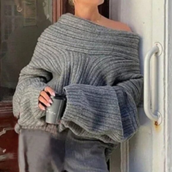 Sweaters - Grey Casual Women's Asymmetric Collar Long Sleeve Loose Sweater